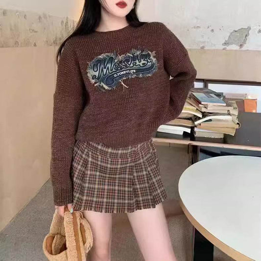 Tassel Denim Pattern Round Neck Sweater Top - Velora