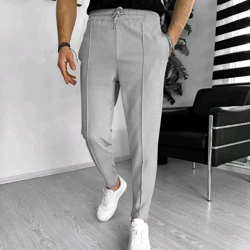 Men's Casual Fashion Waffle High Waist Drawstring Elastic fitted straight leg Pant - Velora