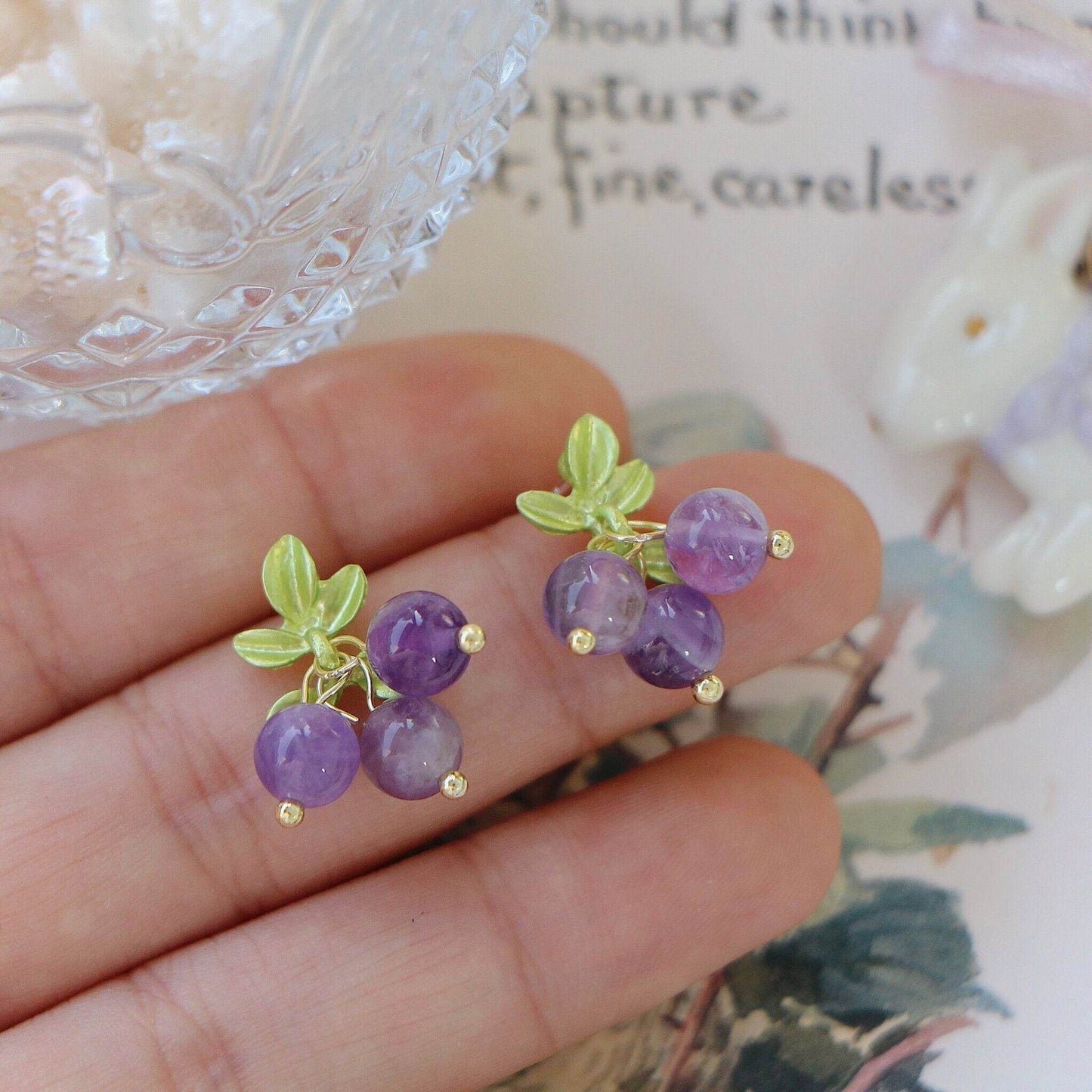 Female Purple Blueberry Fruit Beaded Earrings - Velora