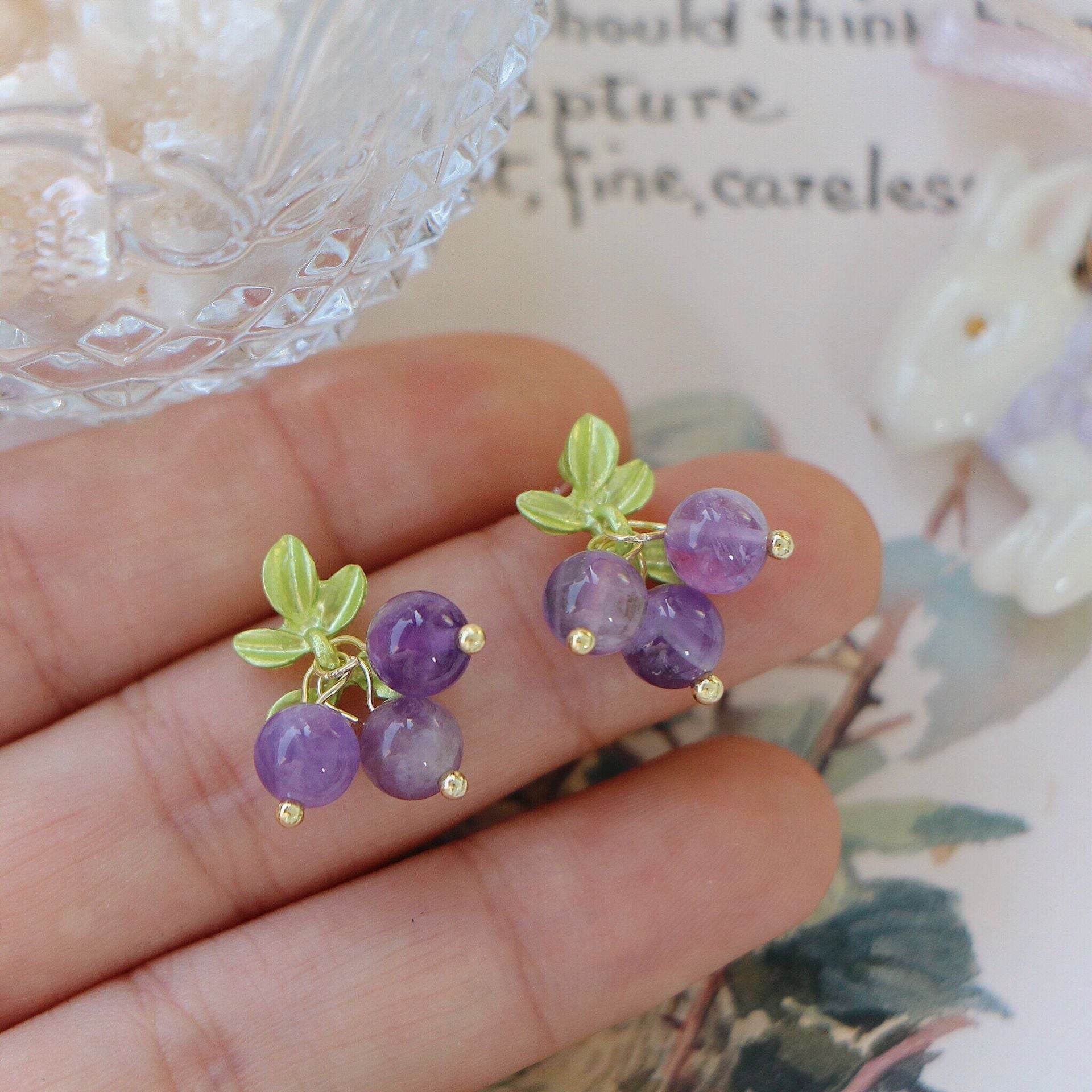 Female Purple Blueberry Fruit Beaded Earrings - Velora