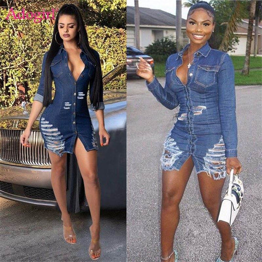 Chic Fashion Fitted Ripped Long Sleeve Jeans Denim hip dress - Velora