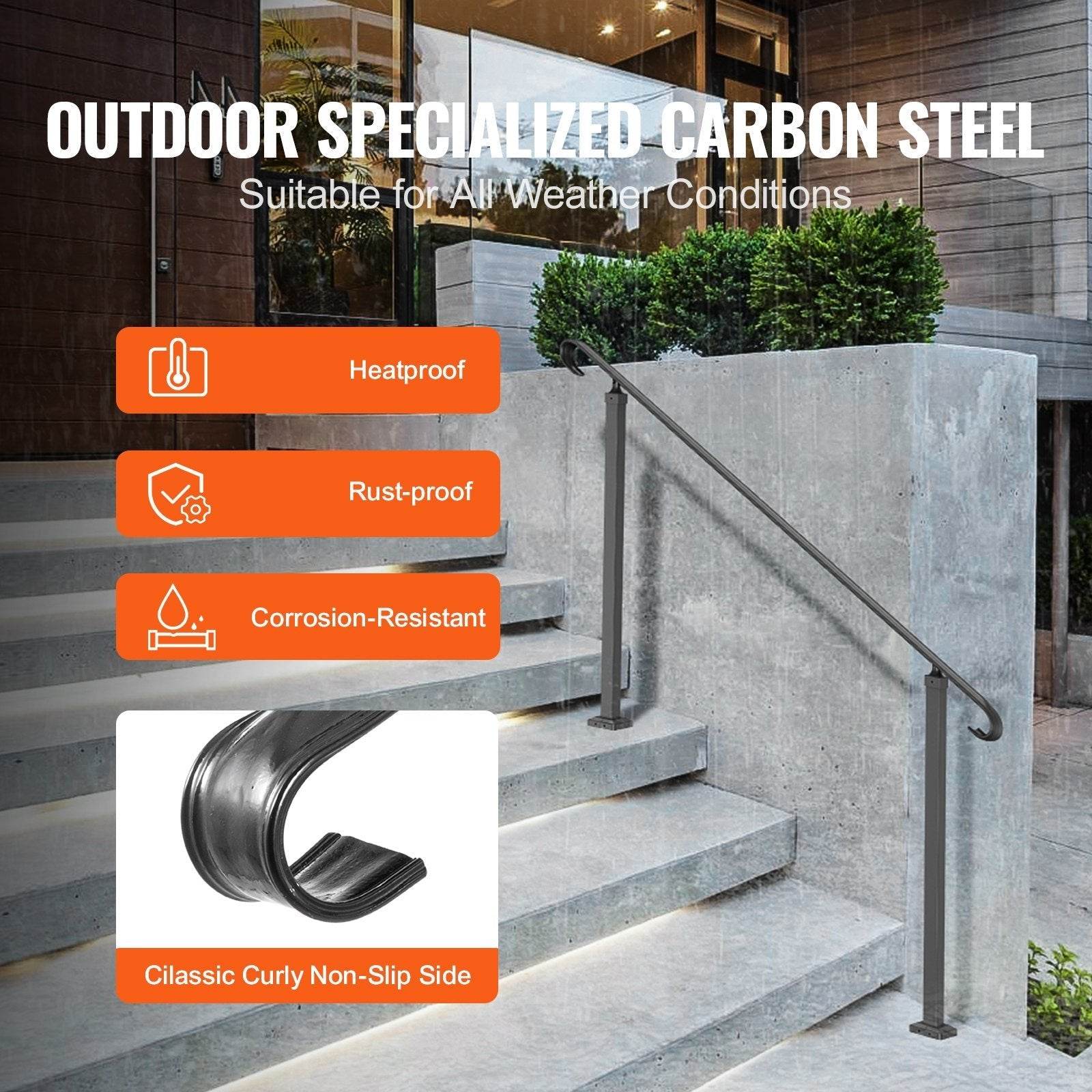 Handrails For Outdoor Steps, Fit 3-5 Steps Outdoor Stair Railing, Wrought Iron Handrail, Flexible Front Porch Hand Rail, Black Transitional Hand Railings For Concrete Steps Or Wooden Stairs - Velora