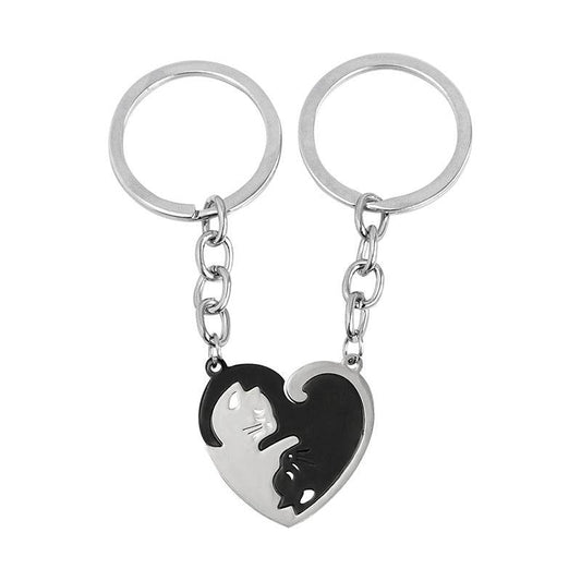 Love Heart Black White Cats Stainless Steel Couple Keychains - Velora