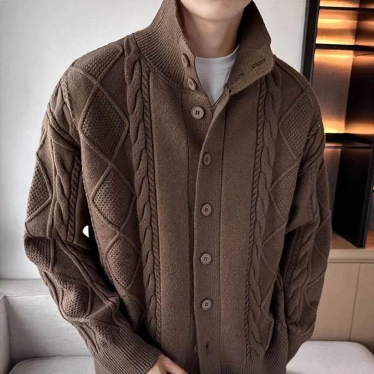Solid Color Prismatic Plaid Sweater Coat Loose All-match Retro Lapels Long Sleeve Knitted Cardigan - Velora