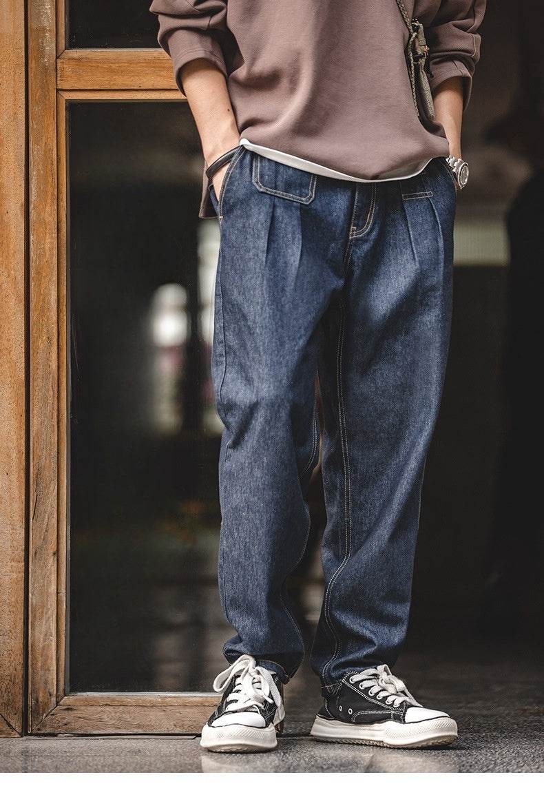 Vintage Denim Washed Elastic Waist Loose Jeans Cityboy Wide Leg Tapered Pants Men - Velora