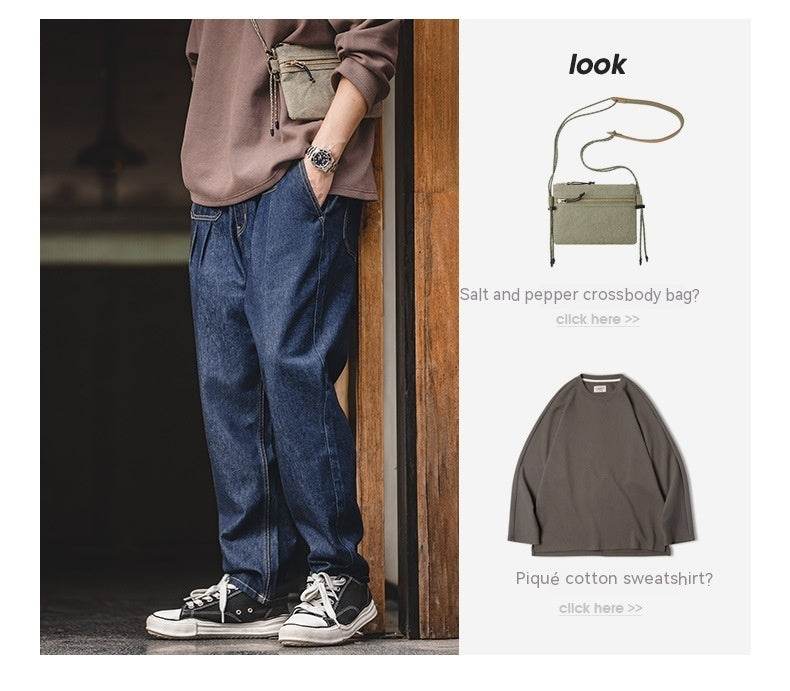 Vintage Denim Washed Elastic Waist Loose Jeans Cityboy Wide Leg Tapered Pants Men - Velora