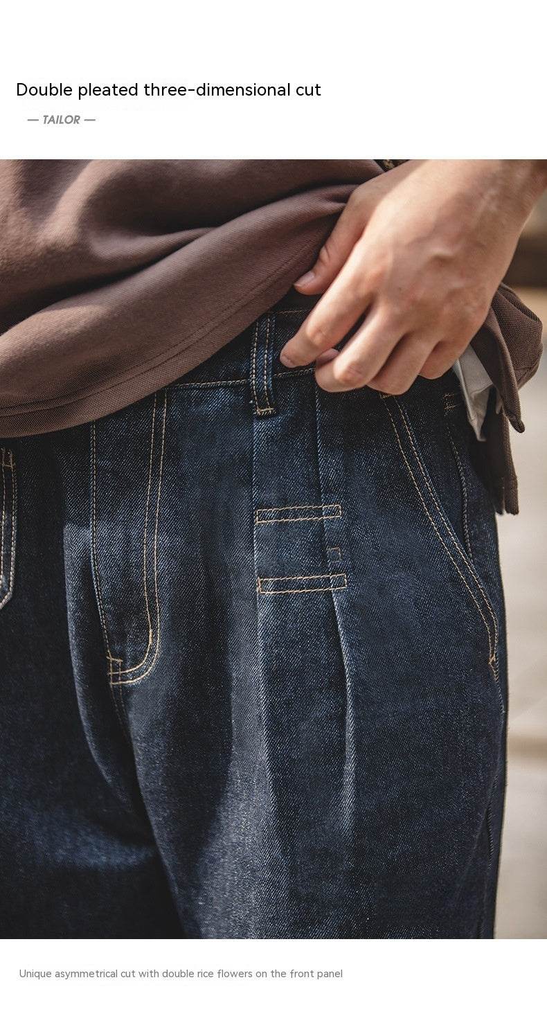 Vintage Denim Washed Elastic Waist Loose Jeans Cityboy Wide Leg Tapered Pants Men - Velora