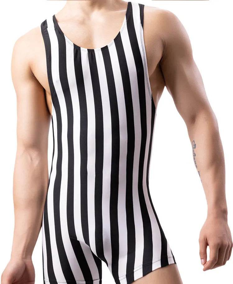 New Vertical Striped Pajamas Sports Swimming Brief Bodysuit for men - Velora