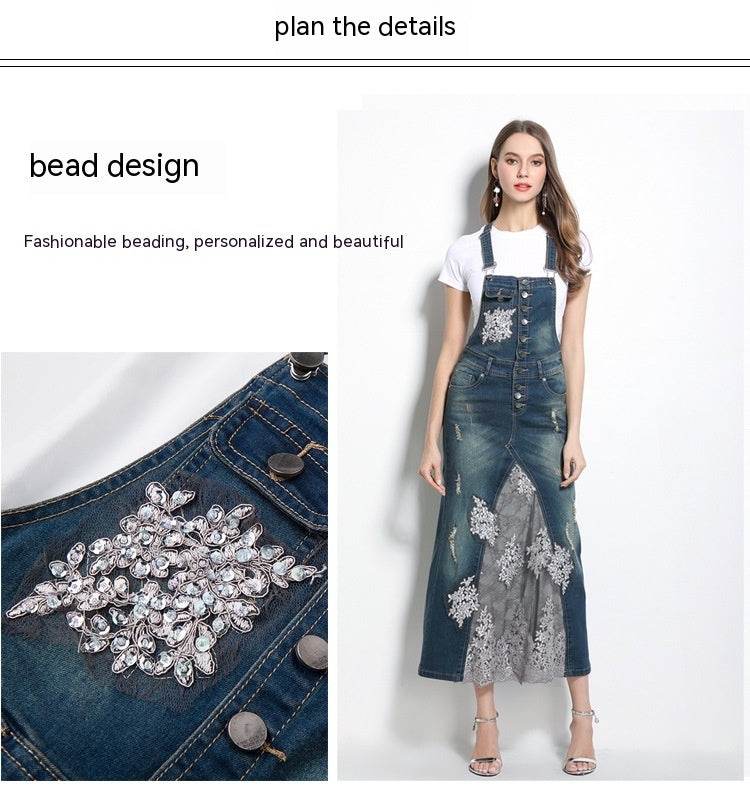 Embroidered Lace Denim Midi Jumper Dress European and American Style - Velora