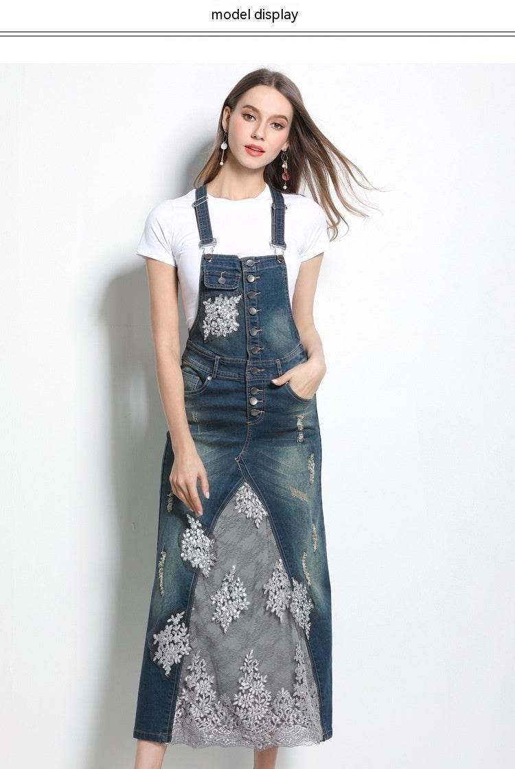 Embroidered Lace Denim Midi Jumper Dress European and American Style