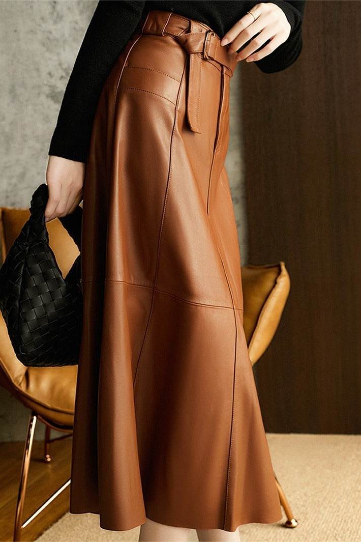 Fashion Retro All-match A- Line High Waist Formal Office Work Midi Faux Leather Skirt - Velora