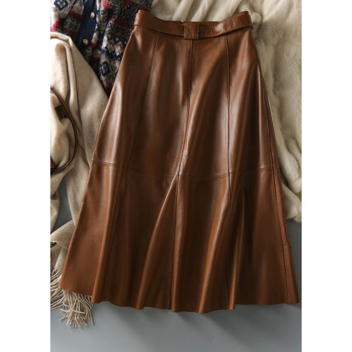 Fashion Retro All-match A- Line High Waist Formal Office Work Midi Faux Leather Skirt - Velora