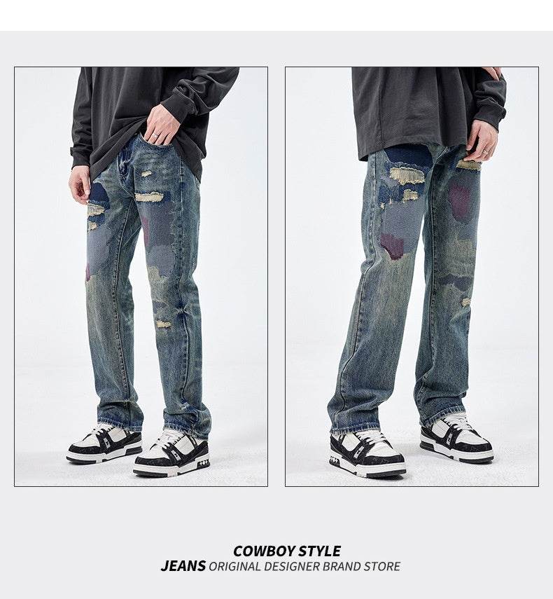 American Style Loose Broken Patch Straight Retro Denim Jeans pant Trousers Men - Velora