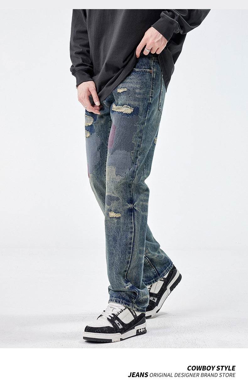 American Style Loose Broken Patch Straight Retro Denim Jeans pant Trousers Men - Velora