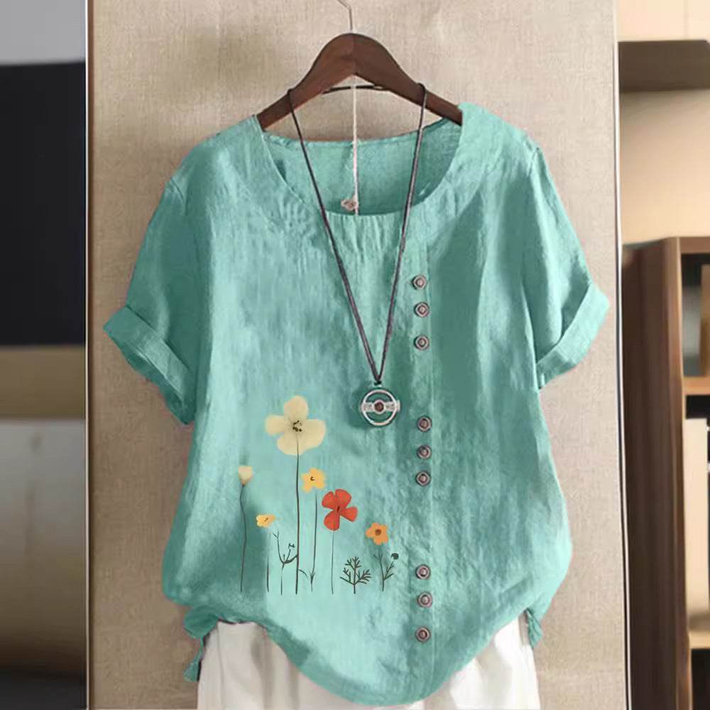 Casual Summer Beach Cotton And Linen Printed Elegant Short Sleeve blouse Top Women - Velora