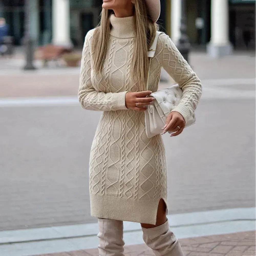 Autumn Winter Mini Slim fit Twist thick knitted Turtleneck sweater dress - Velora