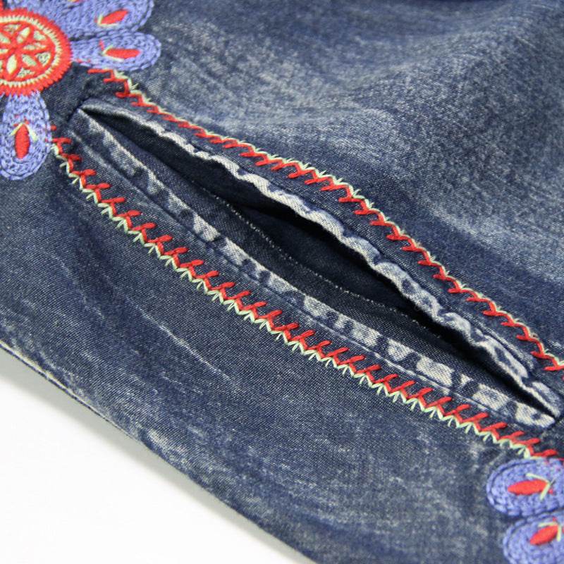 Elegant Classy Long Sleeve Denim dress with belt Flared Embroidered Jeans Dress - Velora