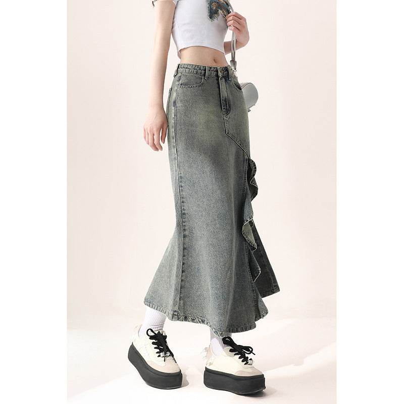 Irregular Half-length Split Denim long Skirt - Velora