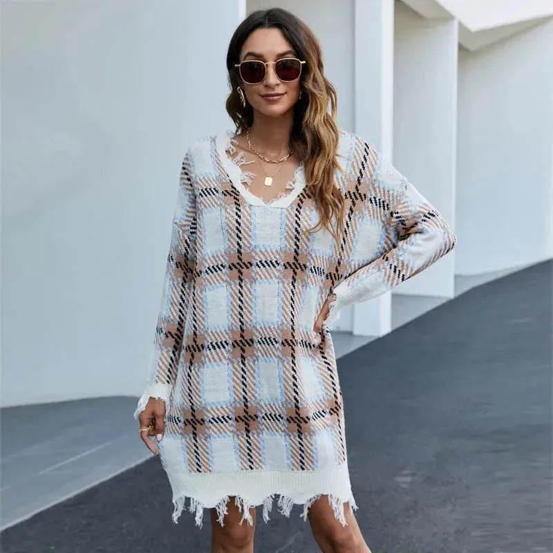 Off shoulder V-neck Pullover Knitted Mini Plaid Sweater Dress - Velora
