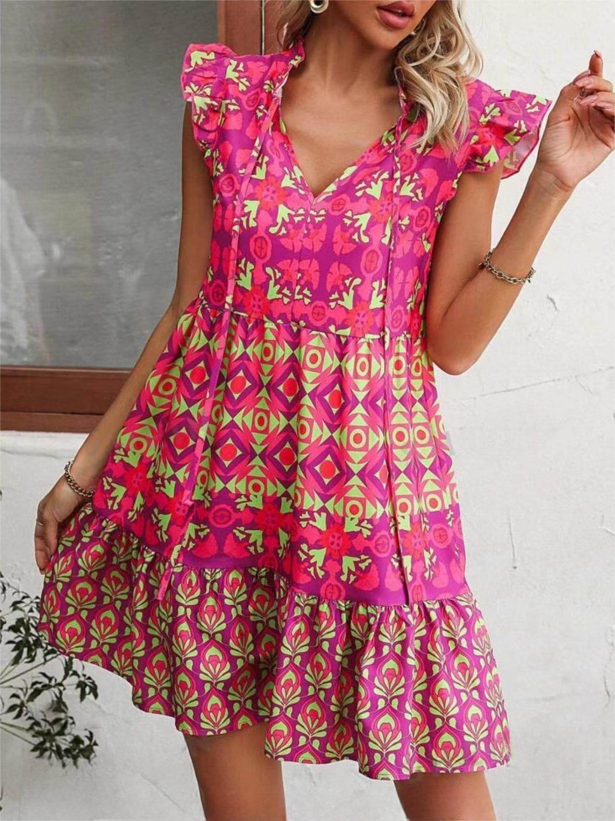 Printed Sleeveless Dress Summer Fashion V-Neck Lace-up Straight Dresses For Womens Clothing - Velora