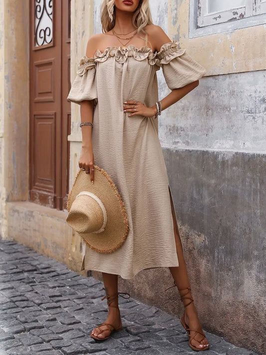 Ruffled Off-Shoulder Puff Sleeve Midi Dress - Velora
