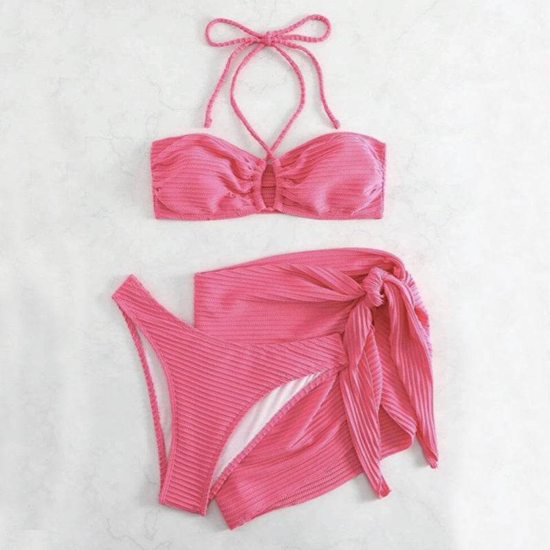 3pcs Solid Color Stripe Swimsuit Sexy Summer Beach Bikini Set Womens Clothing - Velora