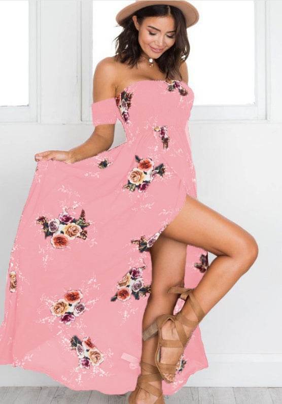 Elegant Ladies Summer Boho Vacation Resort Slit Maxi dress off shoulder Long floral Beach summer slit dress - Velora