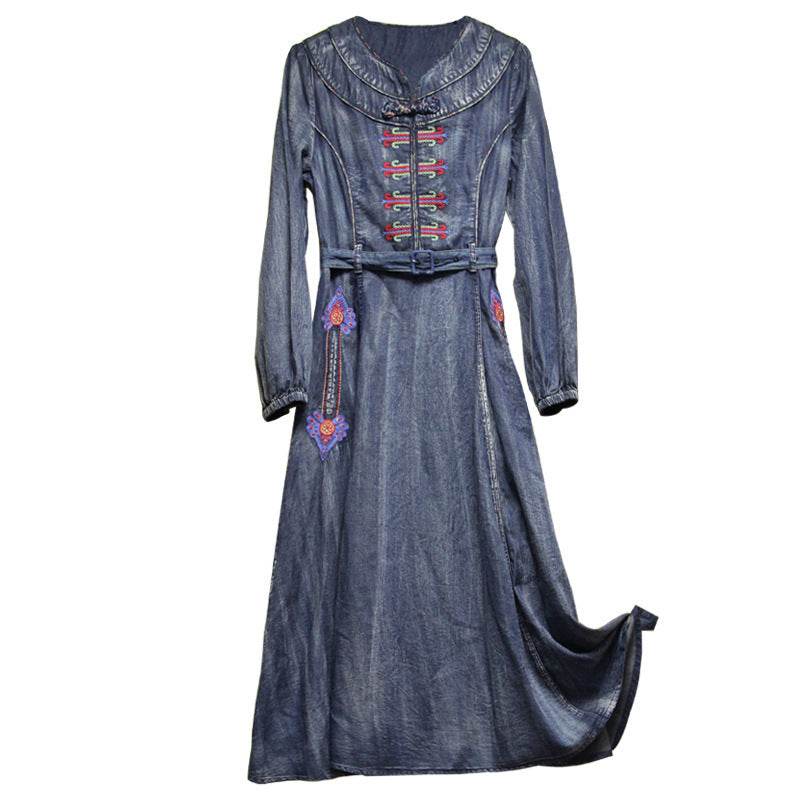 Elegant Classy Long Sleeve Denim dress with belt Flared Embroidered Jeans Dress - Velora