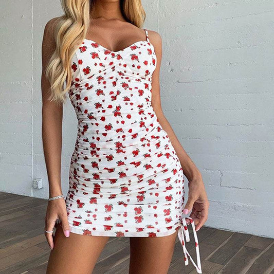 Deep V Sexy Floral Print Bag Hip Skirt - Velora