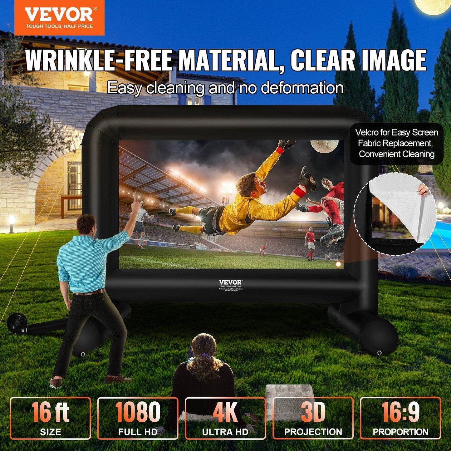 Inflatable Movie Screen, 16 FT Inflatable Projector Screen For Outside With Blower And Carrying Bag, Front Rear Projection, Oxford Fabric Blow Up Screen For Outdoor Parties Backyard Movie Nig