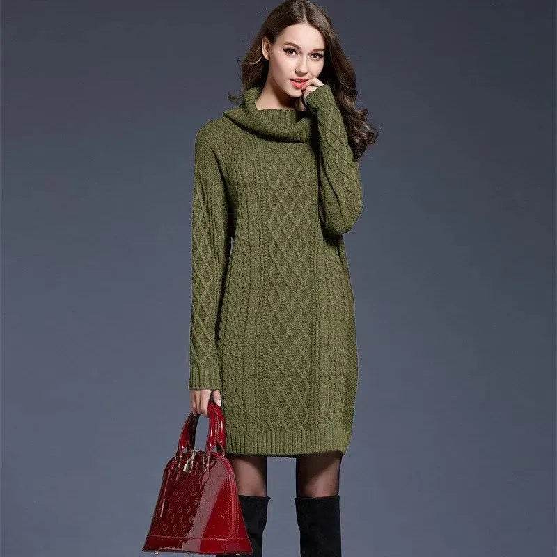 New Autumn Winter Solid Knitted Oversized Mini Turtleneck Sweater Dress - Velora
