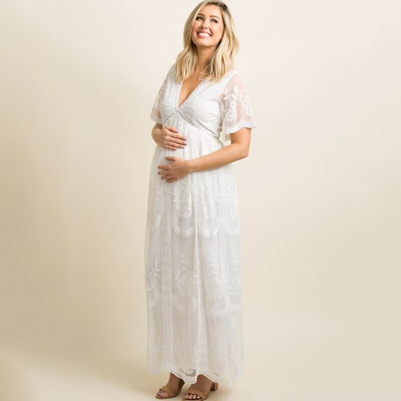 Maternity Dresses for Photo Shoot Summer V Neck White Lace Short Sleeve Pregnancy Dress Pregnant Women Photography Maxi Dress - Velora
