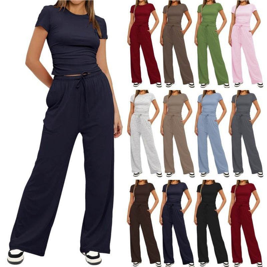 Fashion Casual Set Pleated Short Sleeves Top And Trousers - Velora