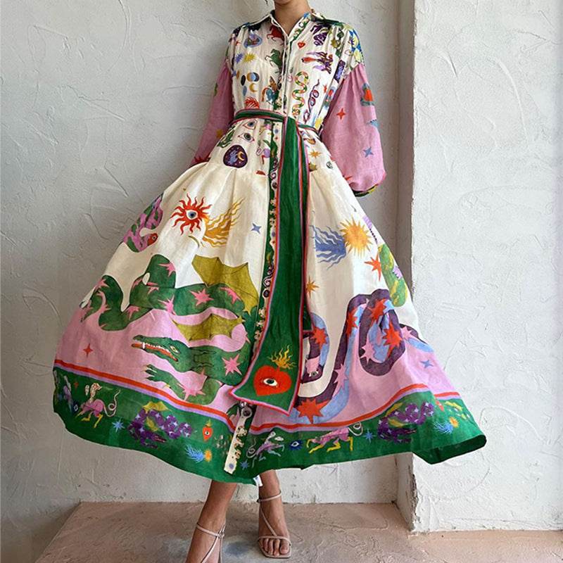 Print Holiday Women Beach Dress With Belts A-Line Long Lantern Sleeve Single Breasted Lapel Seaside Dresses Robe - Velora