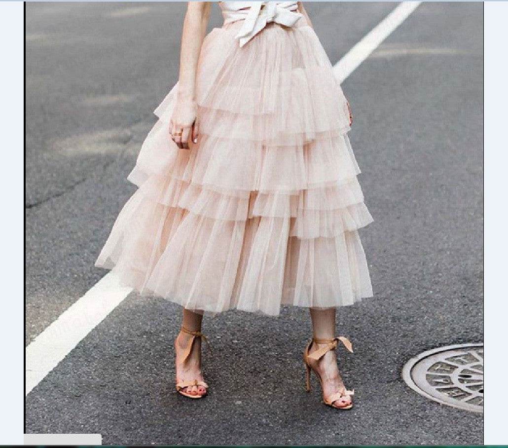 Summer Long Wave Ruffle Layered Ruched High Waist Midi tulle Skirt - Velora