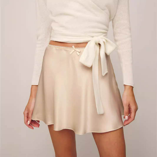 Boutique Mini Satin Skirt High Waist Elastic Solid Color flared skirt - Velora