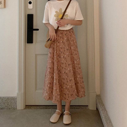 Casual Floral New Fresh High Waist Slimming Korean-style Midi A- Line Skirt - Velora