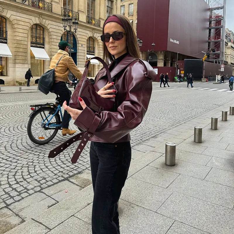 Loose Lapel Leather Jacket Fashion Cropped Tops Streetwear For Womens Clothing - Velora