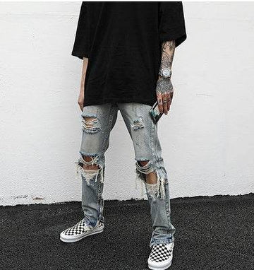 Destroyed ripped Denim jeans Pant men straight leg men