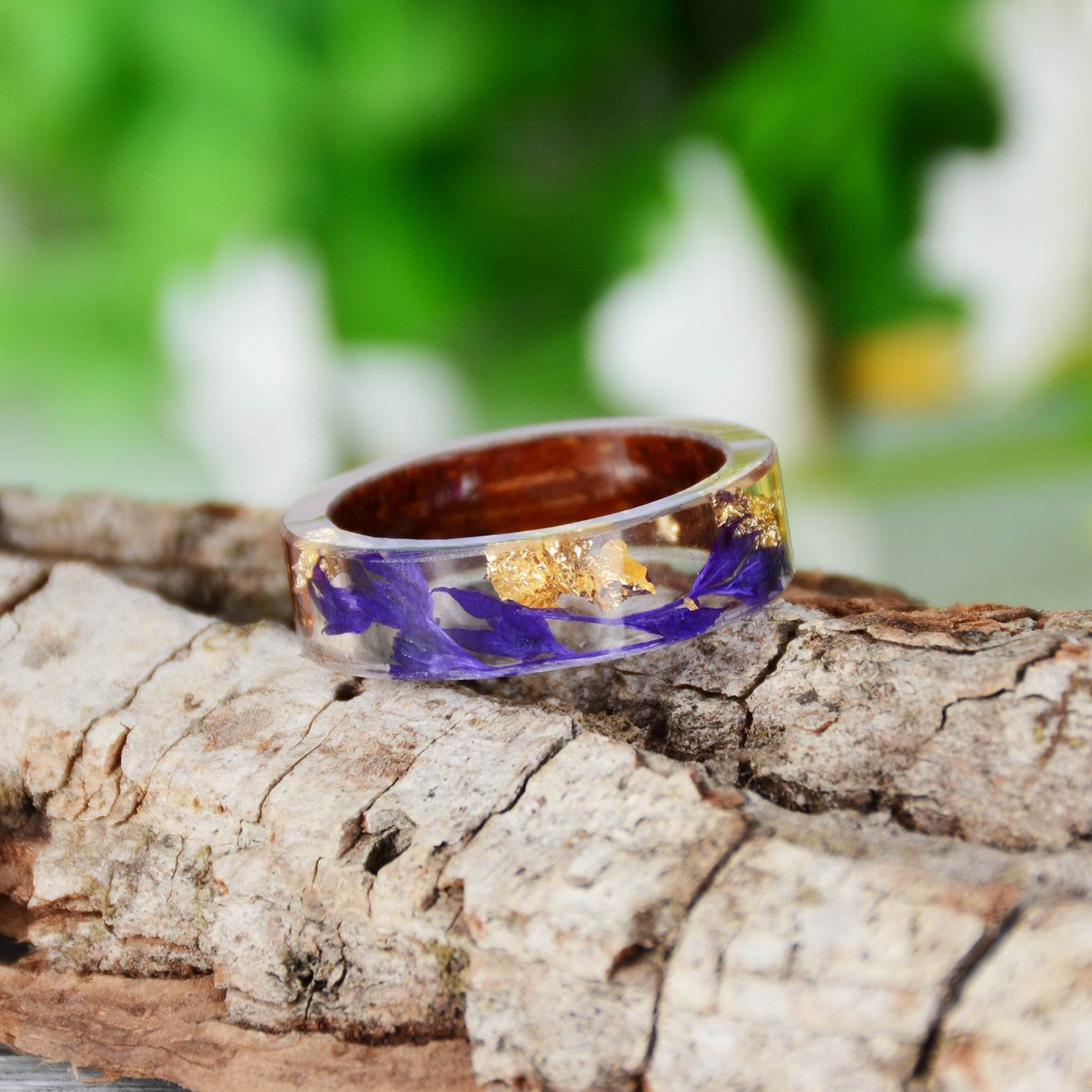 Handmade DIY romantic dry flower Real wood resin ring gold / silver paper inside ring women wedding party ring gifts for the lover - Velora