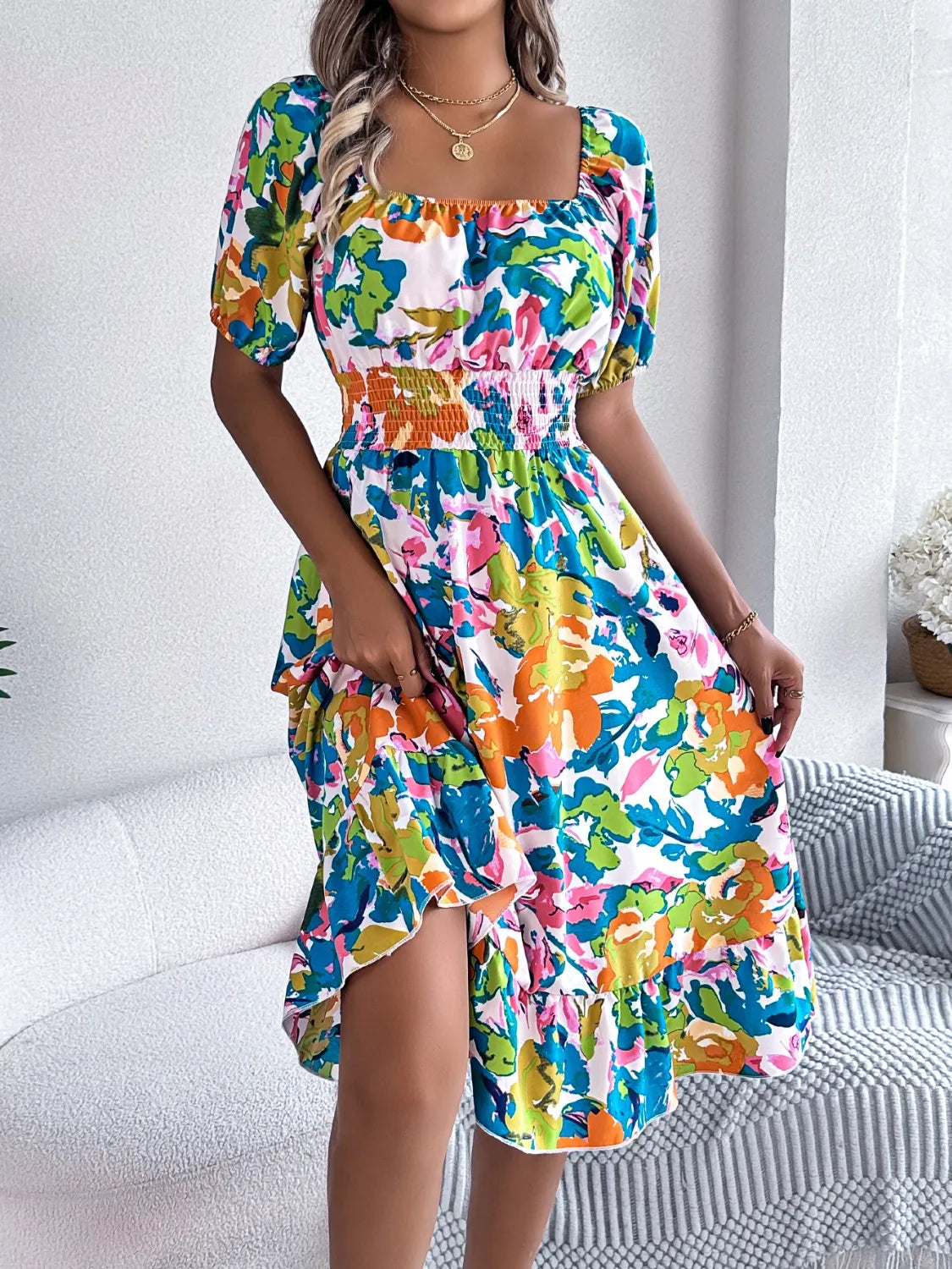 Ruffled Hem Smocked Floral Short Sleeve Midi Dress - Velora