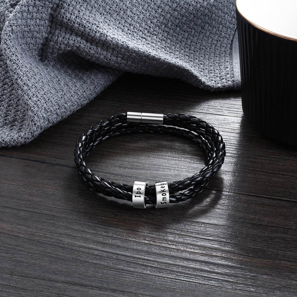 Personalized Mens Braided Genuine Leather Bracelet Stainless Steel Custom Beads Name Charm Bracelet For Men With Family Names - Velora