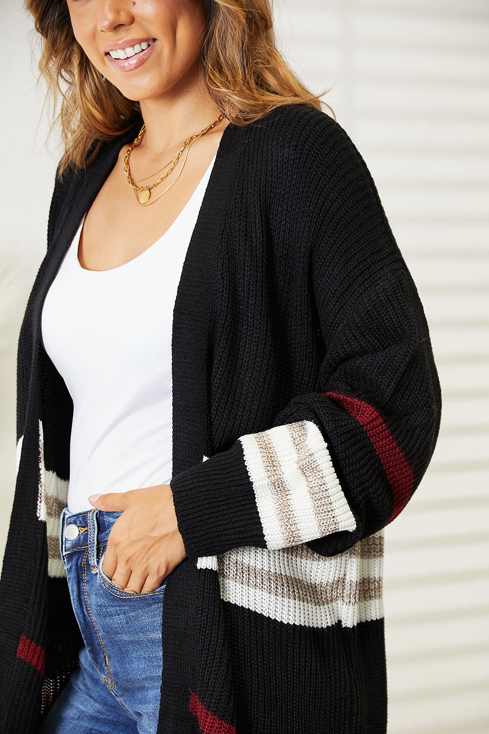 Perfee Striped Rib-Knit Drop Shoulder Open Front Cardigan - Velora