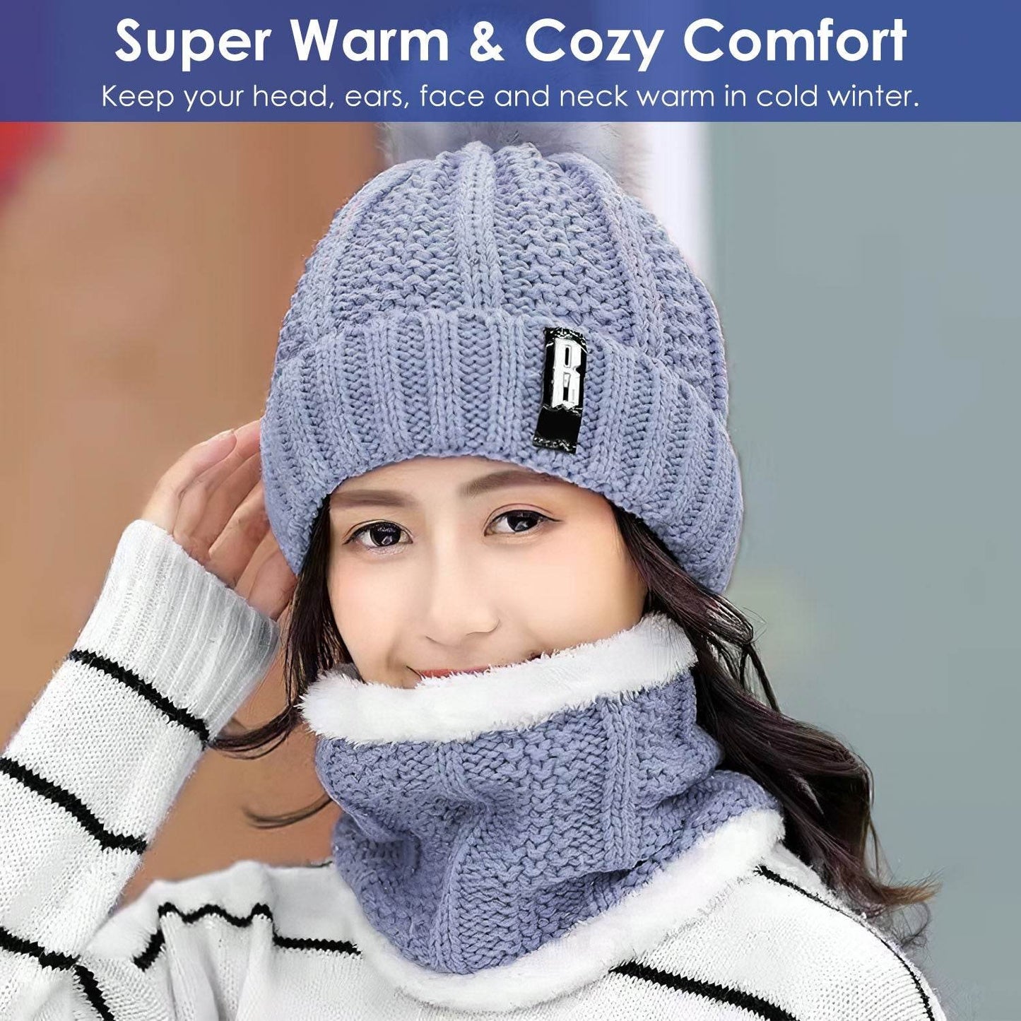 1Set Winter Beanie Hat Scarf Set Women Warm Knitting Skull Cap Neck Warmer For Walking Running Hiking Camping Outdoors Gift - Velora