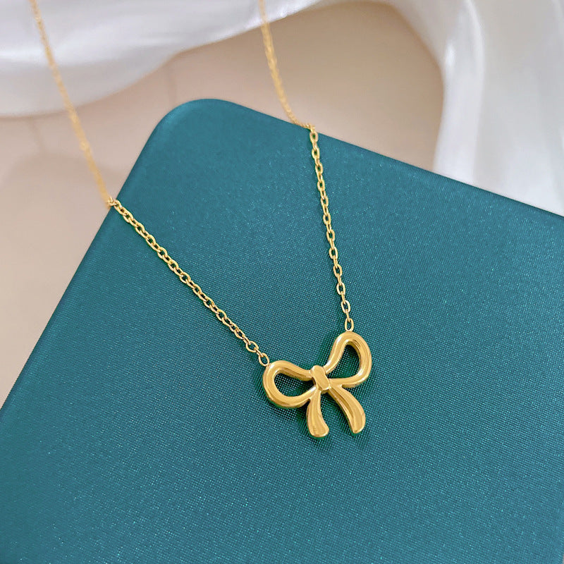 Whole Titanium Steel Mori Style Bowknot Minimalist Style Real Gold Clavicle Necklace For Women