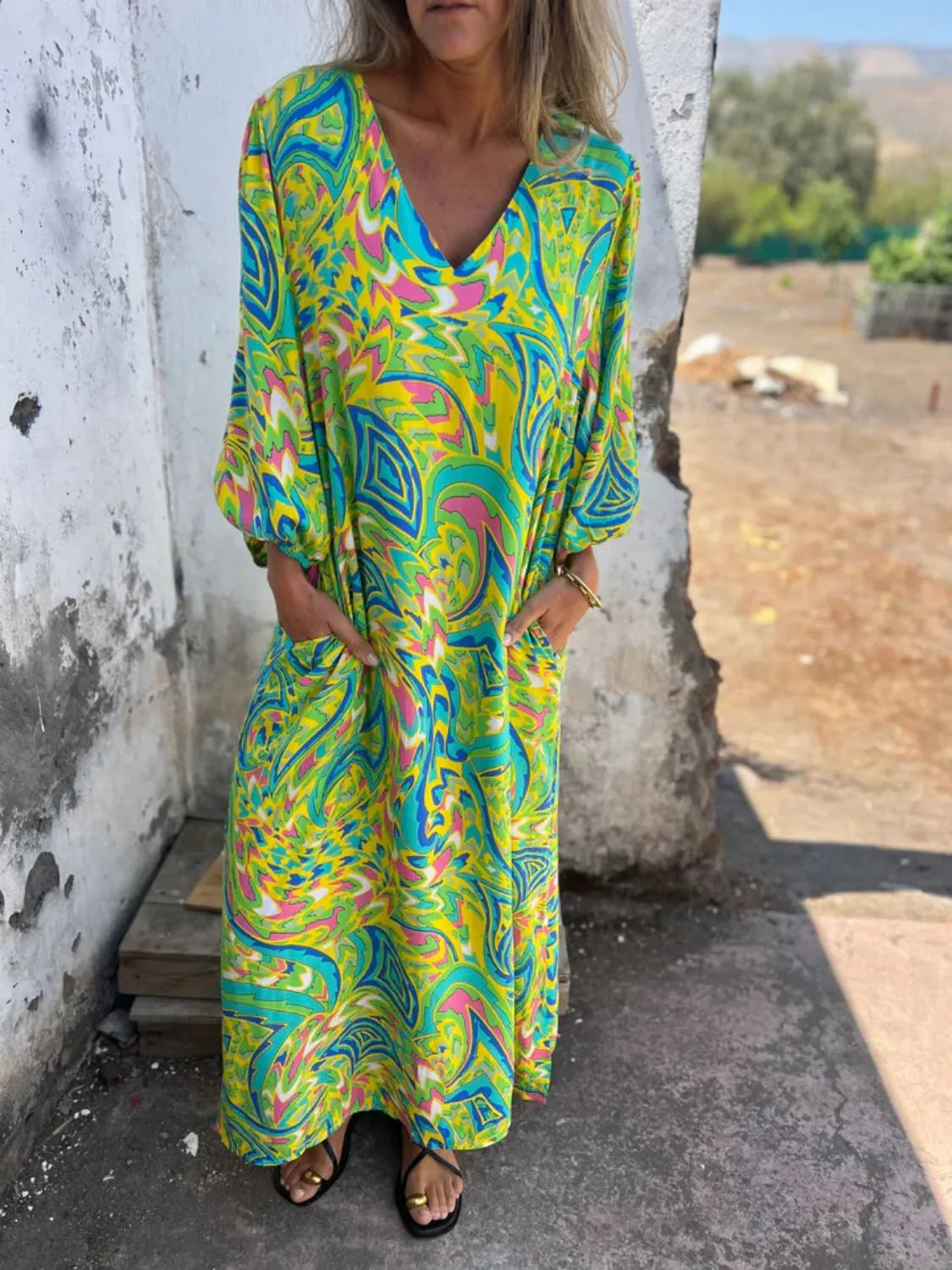 Full Size Printed V-Neck Dress with Pockets Plus Size - Velora