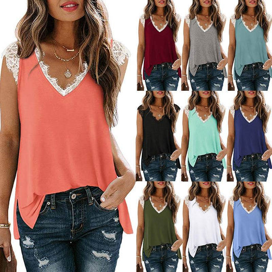 European And American New Lace Vest Loose Casual Slit T-shirt - Velora
