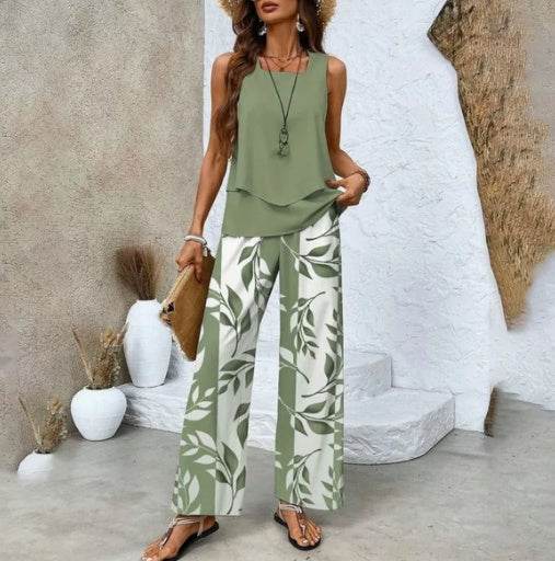 Print Suits Sleeveless Double-layer Vest And Loose Straight Pants Womens Clothing - Velora
