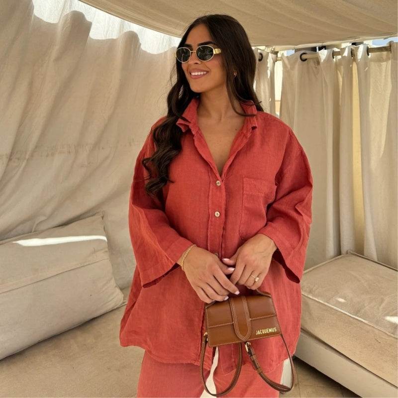 Casual Polyester Pocket Shirt Pants Suitable For Women's Wide Leg Pants, Long Sleeved Shirt Set, Women's Loose High Street Two-piece Set - Velora
