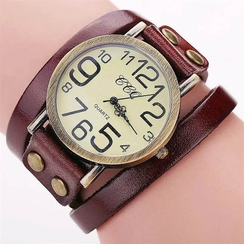 First Layer Cowhide Retro Watch Retro Three-circle Watch Men's And Women's Casual Watch - Velora